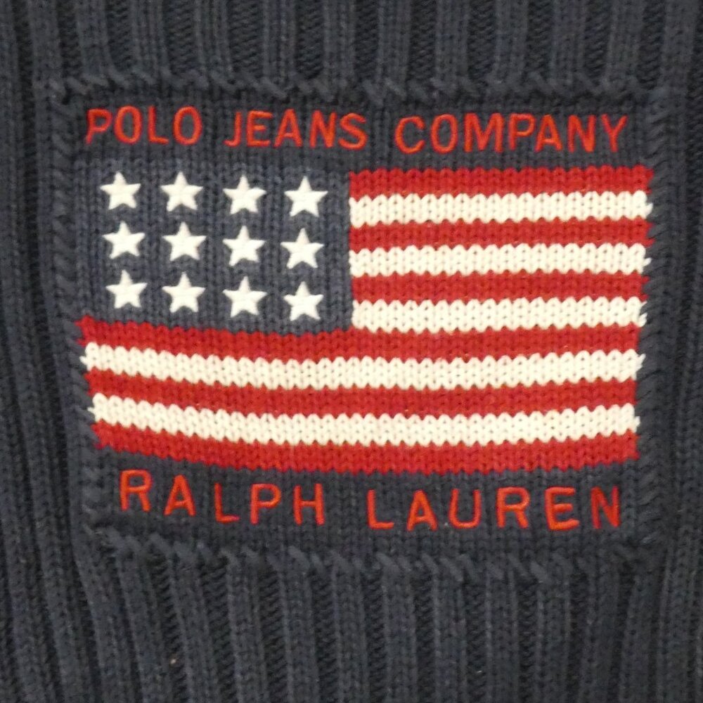 VTG POLO JEANS CO. Ralph Lauren | small | Navy Ribbed Patriotic USA Flag Sweater
